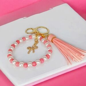 Pink Rhodonite Pearl with Bow Key Charm Beaded Bag Charm Coquette Girl Dollette